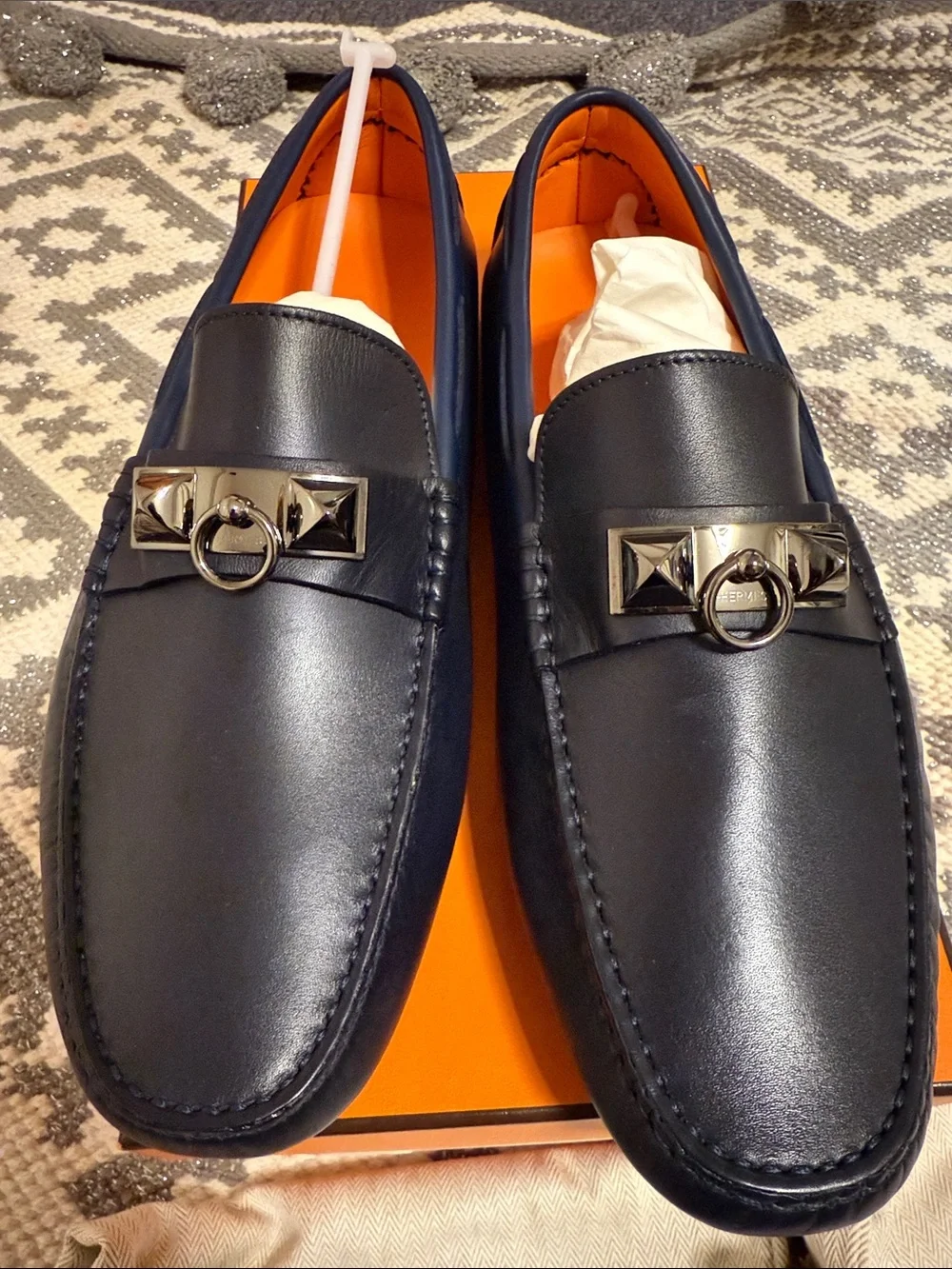 Hermes Mens irving calfskin mocassin marine ocean